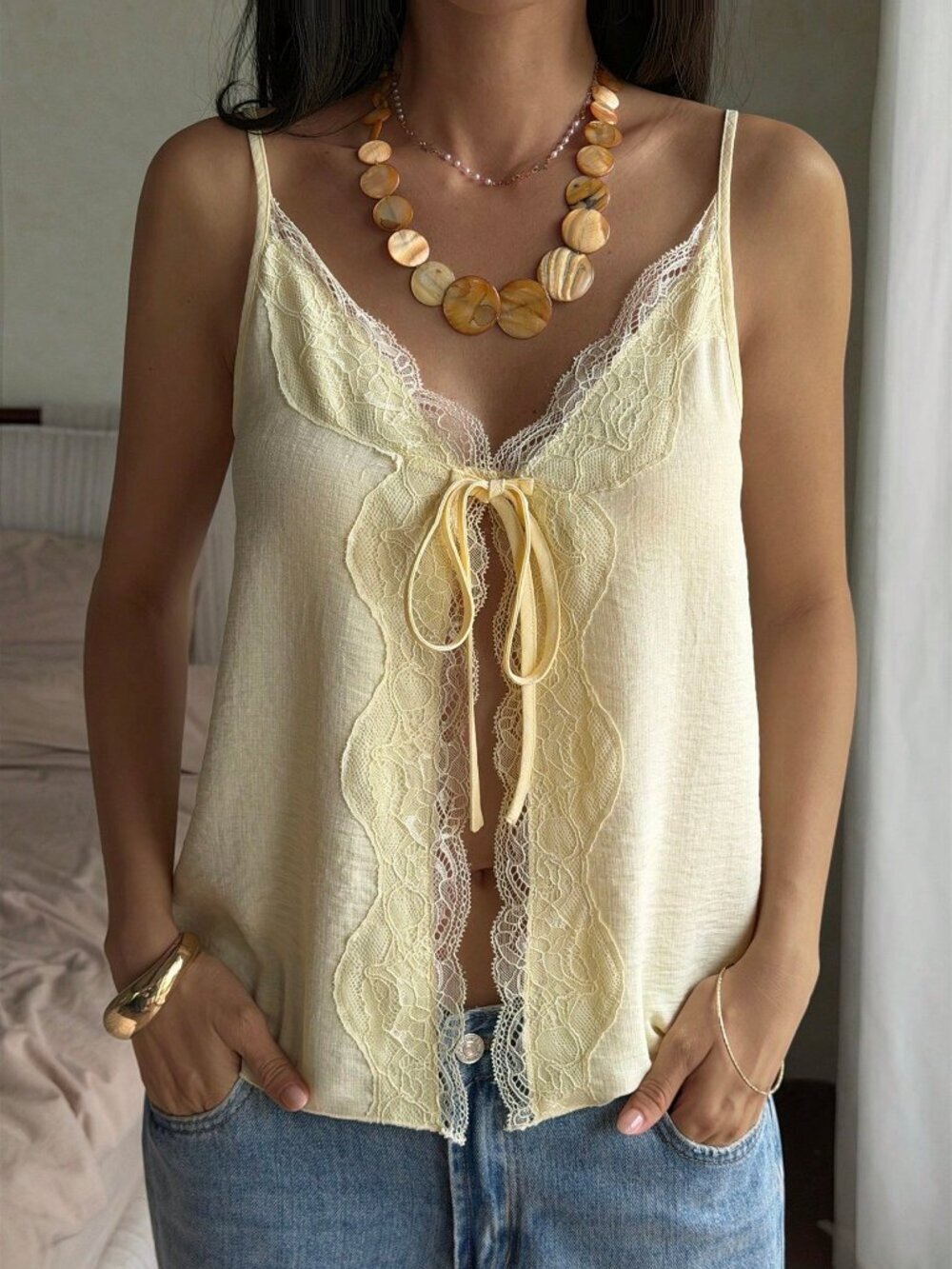 Yellow Casual Women's V-Neck Lace Patchwork Loose Fit Camisole top - Picture 4 of 7